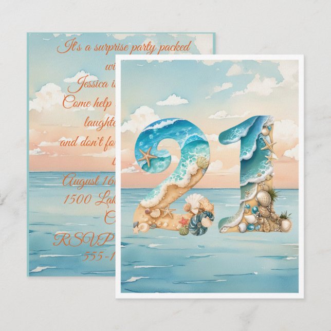 Invitación Descarga digital tema océano cumpleaños 21 (Anverso / Reverso)