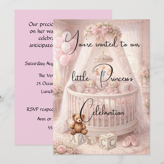 Invitación Descarga digitalcuna para cuna de Princesa (Anverso / Reverso)