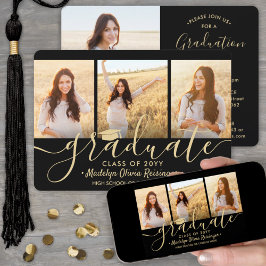 Invitación Descargable 4 Photo Black & Gold Graduation Party