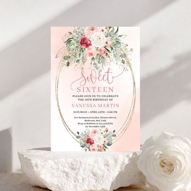 Invitación Descargable Cumpleaños Dieciséis Rosa Dorado Chic  (Downloadable Blush Gold Floral Sweet Sixteen Invite)