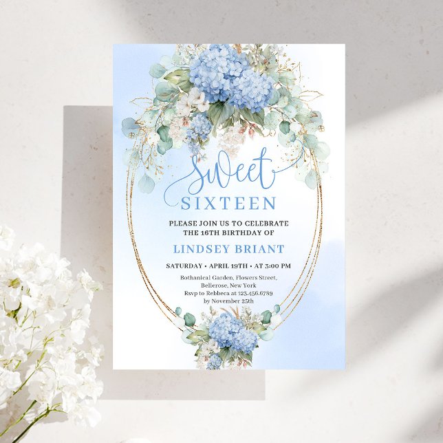 Invitación Descargable Cumpleaños Dulces 16 Hydrangea Azul Do (Downloadable Blue Hydrangea Gold Sweet 16 Birthday Invite)