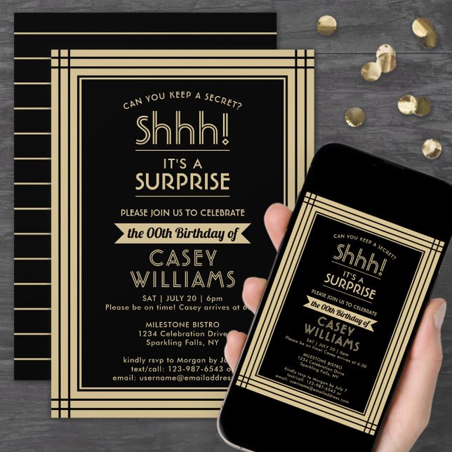 Invitación Descargable Sorpresa Fiesta de Cumpleaños Negro y  (Subido por el creador)