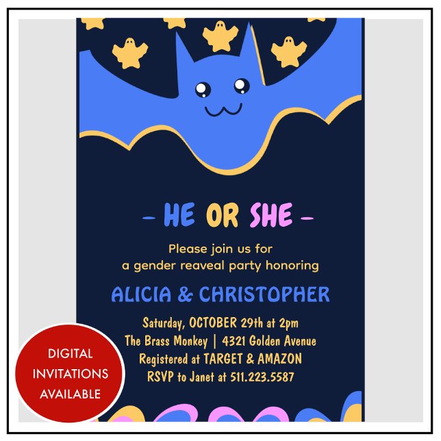 Invitación Descubrimiento de género de Cute Bat He o She Hall (Cute-Bat-He-or-She-Halloween-gender-reveal-Invitation-1)