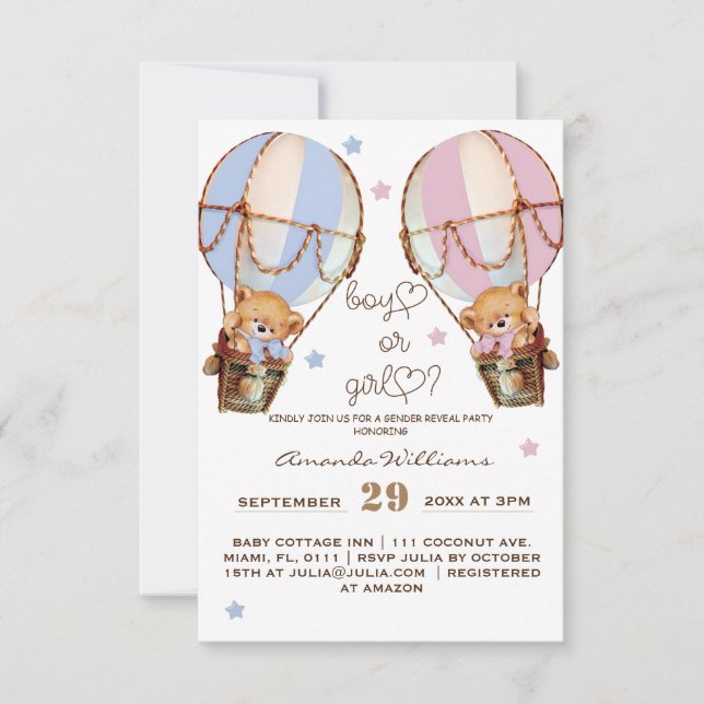Invitación Descubrimiento de sexo de oso azul rosa chico o ch (Anverso)