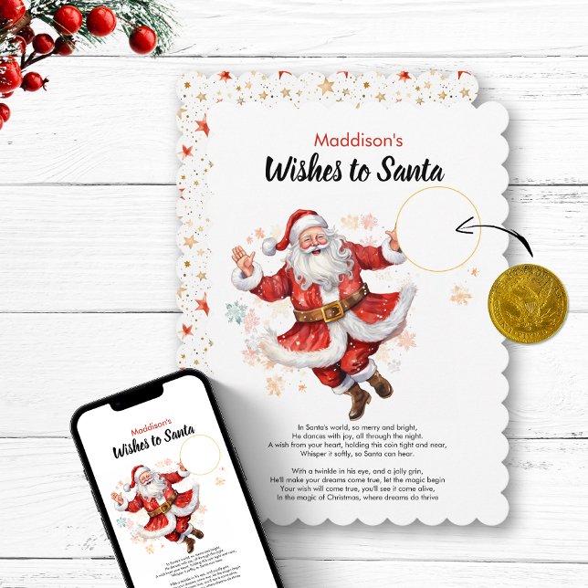 Invitación Desea recibir el nombre personalizado de la tarjet (Wishes to Santa DIY Coin Card Personalized Name  christmas childrens gift magic northpole letter fun)
