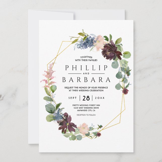 Invitación Deseo Bordo Flores de Acuarela Azul (Anverso)