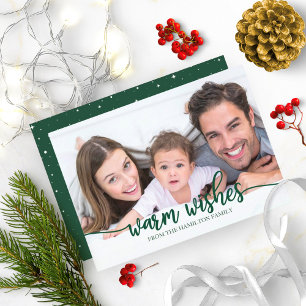 Invitación Deseos Cálidos Chic Caligrafía Verde Foto Navidad