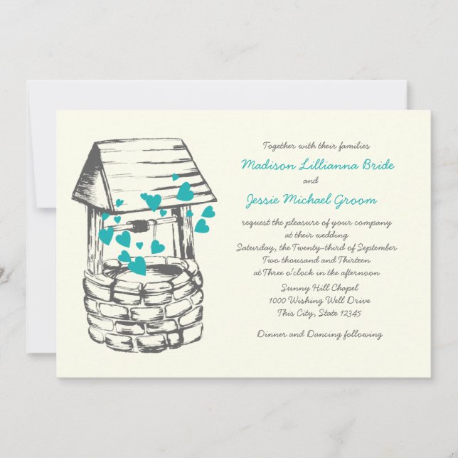 Invitación Deseos De Corazones Turquesas Bien Bodas (Anverso)