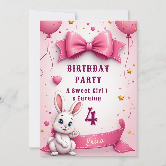 Invitación Deseos de cumpleaños de conejito rosa 🐰 (Anverso)