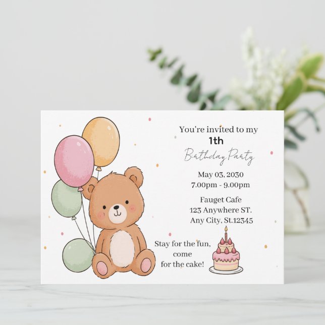 Invitación Deseos de cumpleaños de oso dulce (Anverso de pie)