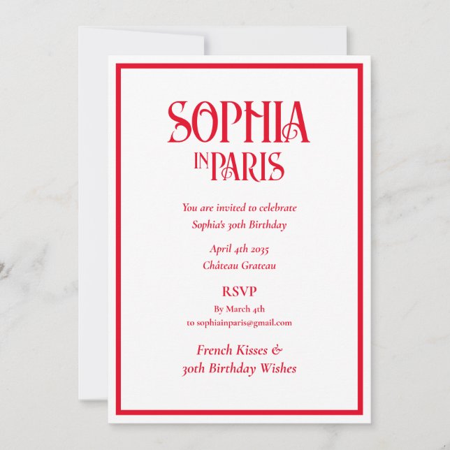 Invitación Deseos de cumpleaños número 30 con besos franceses (Anverso)