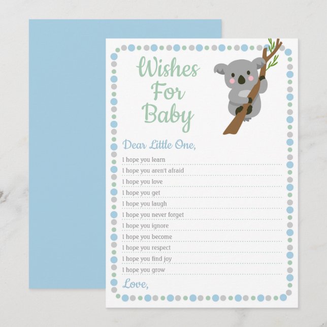 Invitación Deseos Del Oso Koala Para El Juego De Baby Shower  (Anverso / Reverso)