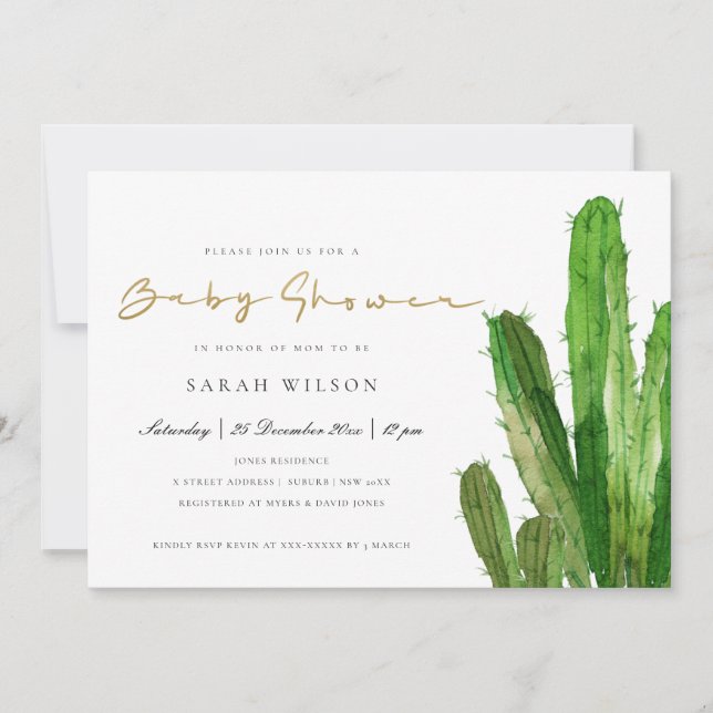 INVITACIÓN DESERT CACTUS FOLIAGE GOLD WATERCOLOR BABY SHOWER (Anverso)
