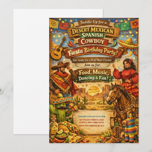 Invitación Desert Mexican Spanish Cowboy Fiesta Birthday  (Anverso / Reverso)