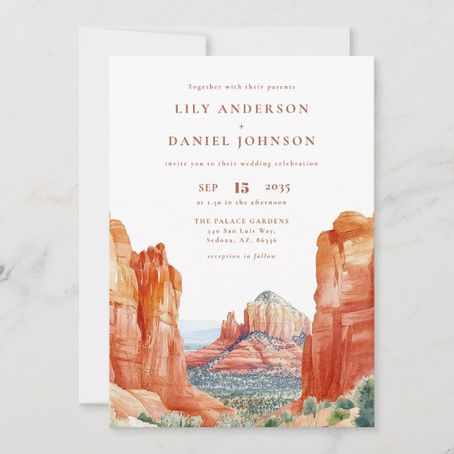 Invitación Desert Mountain Watercolor Elegant Wedding (Anverso)