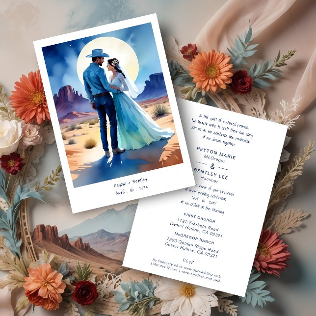 Invitación Desert Mountains Colorful landscape Wedding Cowboy (Desert Mountains Colorful landscape Wedding Cowboy Groom & Bride Couple Illustration in Blue Shades.)