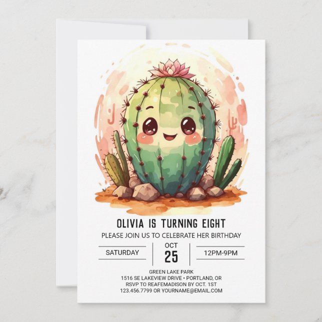 Invitación Desert Wild West Pink Cactus Chica Cumpleaños (Anverso)