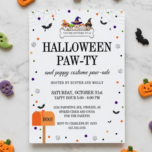 Invitación Desfile de cachorros de Halloween, fiesta de perro (cute dog pawty halloween costume parade for puppy invitation printed and on counter with dog treats)