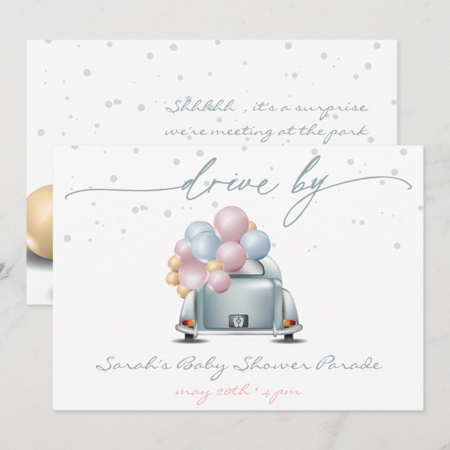 Invitación Desfile de celebración de Baby Shower azul sorpres (Anverso / Reverso)