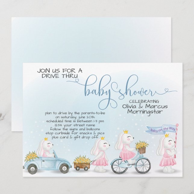Invitación Desfile de conejitos azul por Baby Shower (Anverso / Reverso)