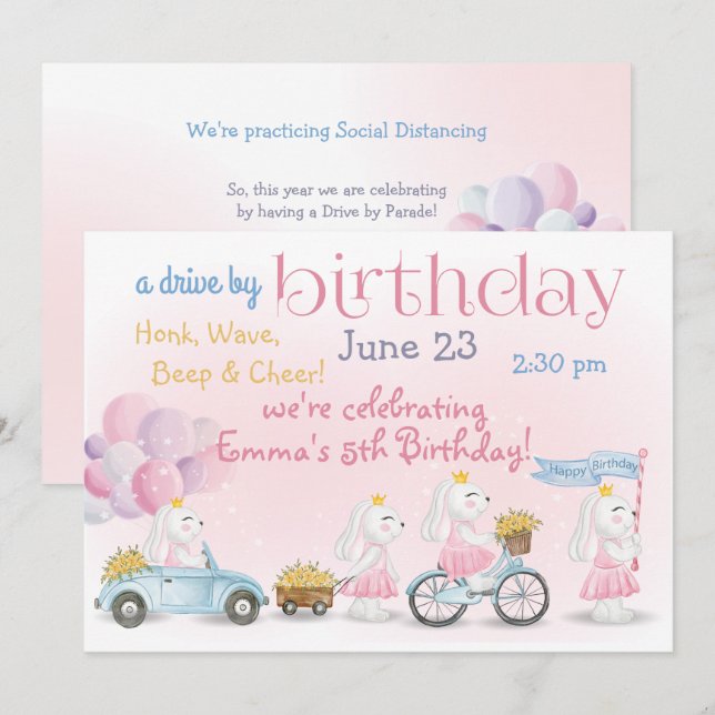 Invitación Desfile de conejitos rosados Pastel conducido por  (Anverso / Reverso)