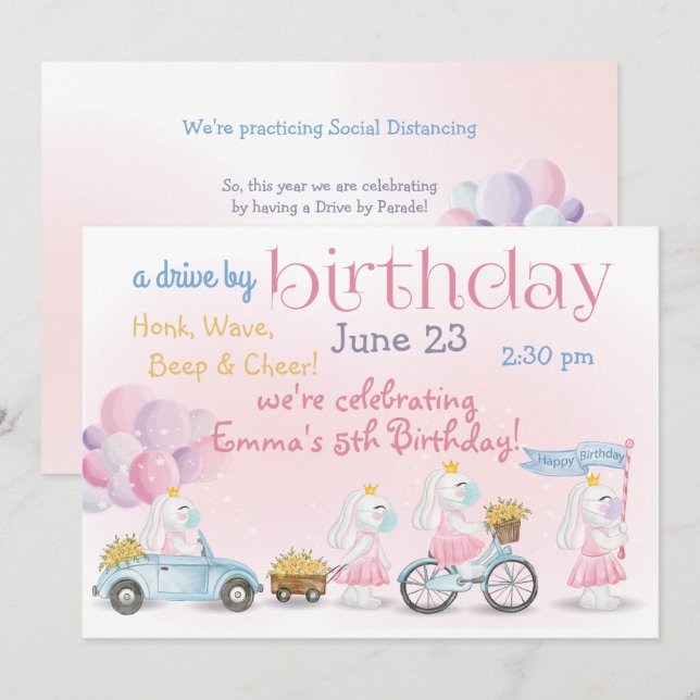 Invitación Desfile de conejitos rosados por cumpleaños (Anverso / Reverso)