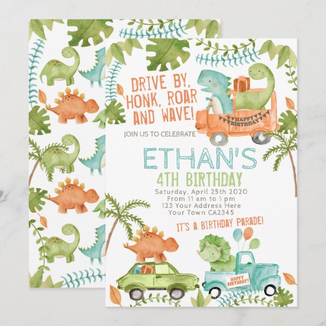 Invitación Desfile de cumpleaños de Dinosaur (Anverso / Reverso)