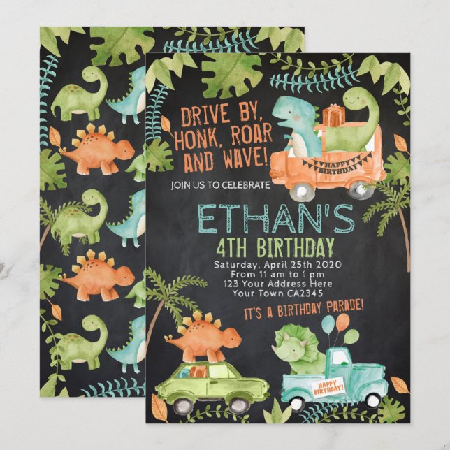 Invitación Desfile de cumpleaños de Dinosaurios (Anverso / Reverso)
