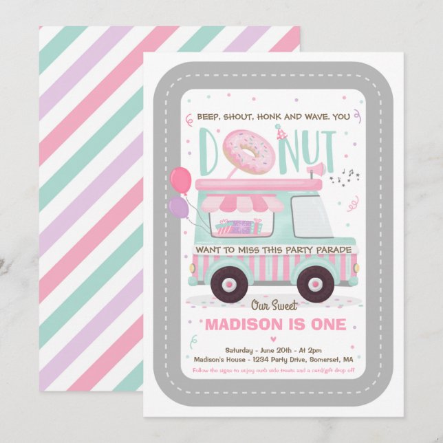 Invitación Desfile De Cumpleaños De Donut Party (Anverso / Reverso)
