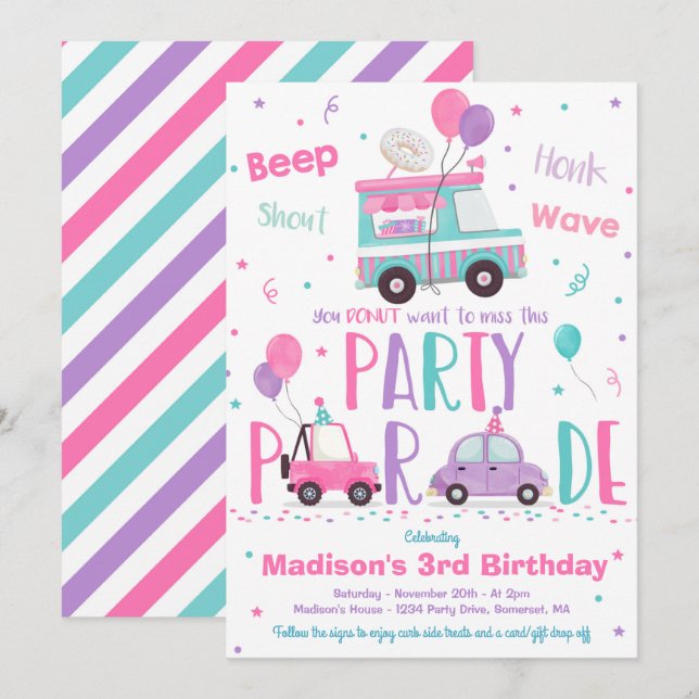 Invitación Desfile De Cumpleaños De Donut Party (Anverso / Reverso)