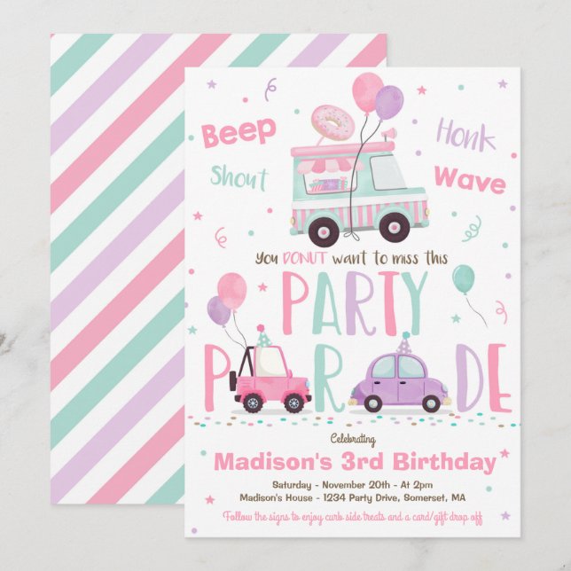 Invitación Desfile De Cumpleaños De Donut Party (Anverso / Reverso)