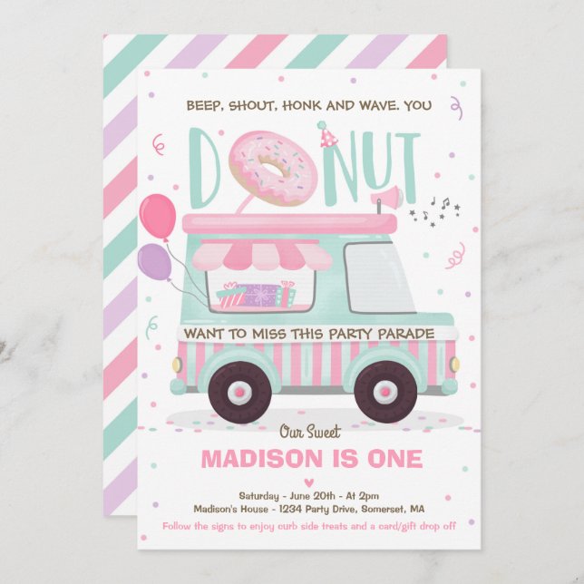Invitación Desfile De Cumpleaños De Donut Party (Anverso / Reverso)