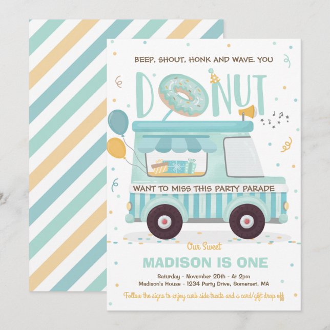 Invitación Desfile De Cumpleaños De Donut Party (Anverso / Reverso)