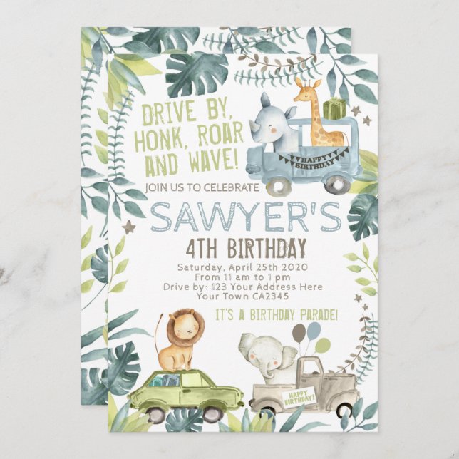 Invitación Desfile de cumpleaños de la selva (Anverso / Reverso)