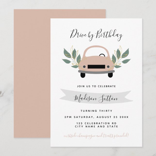 Invitación Desfile de cumpleaños por follaje verde de coche r (Anverso / Reverso)