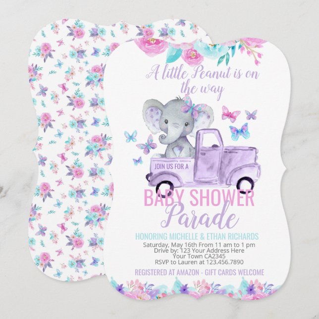 Invitación Desfile de elefantes en Baby Shower (Anverso / Reverso)