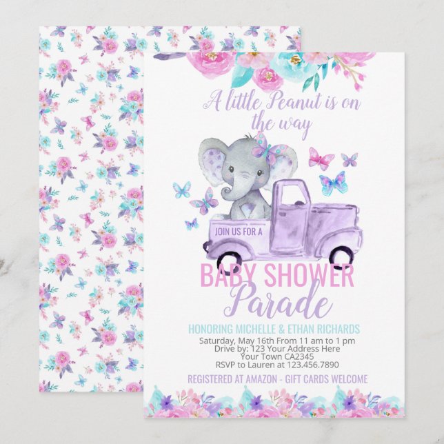 Invitación Desfile de Elephant Baby Shower (Anverso / Reverso)