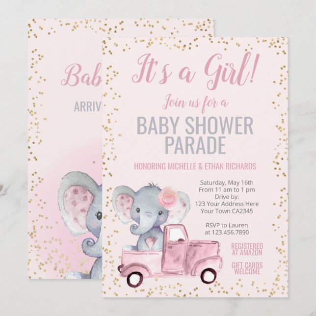 Invitación Desfile de Elephant Baby Shower (Anverso / Reverso)