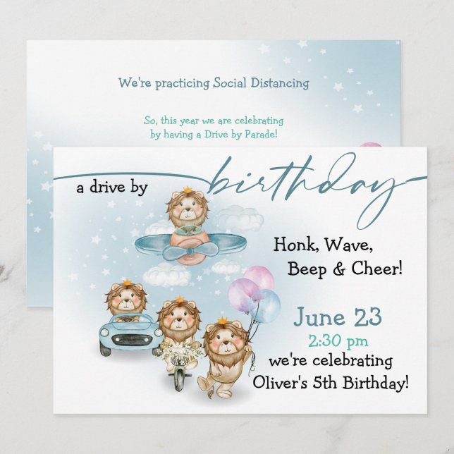 Invitación Desfile de leones conduciendo por el cumpleaños NO (Anverso / Reverso)