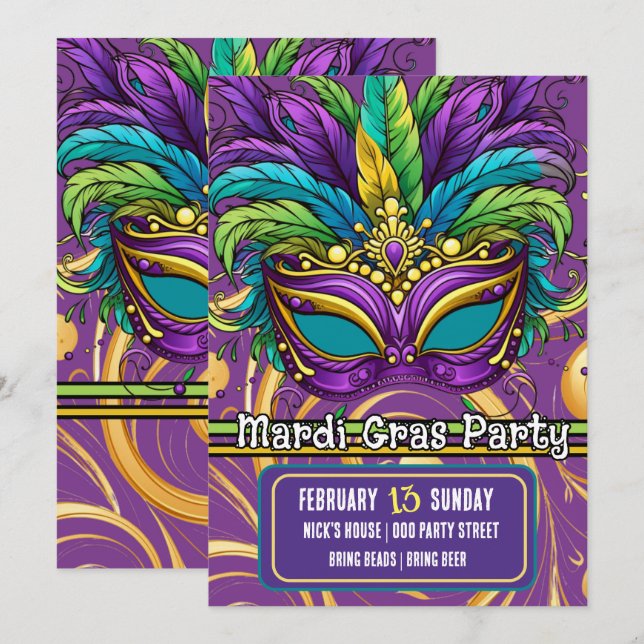 Invitación Desfile de Mardi Gras y máscara de Fiesta (Anverso / Reverso)