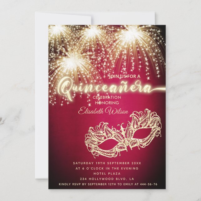 Invitación Desfile de máscaras de lujo Quinceañera (Anverso)