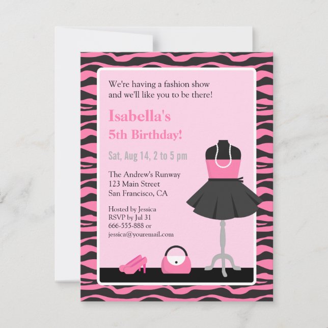Invitación Desfile de Moda con Estampado de Cebra Rosa Fiesta (Anverso)