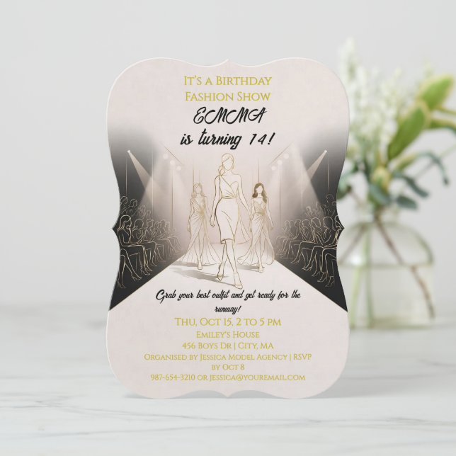 Invitación Desfile de Moda Cumpleaños Modelos de Oro (Anverso de pie)