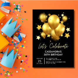Invitación Desgarrando globos dorados estrellas cumpleaños ne