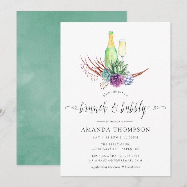 Invitación Desierto acuarela suculenta brunch y bubbly (Anverso / Reverso)