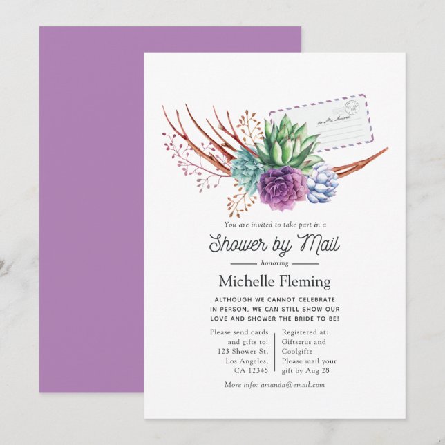 Invitación Desierto acuarela suculenta ducha de novia por cor (Anverso / Reverso)