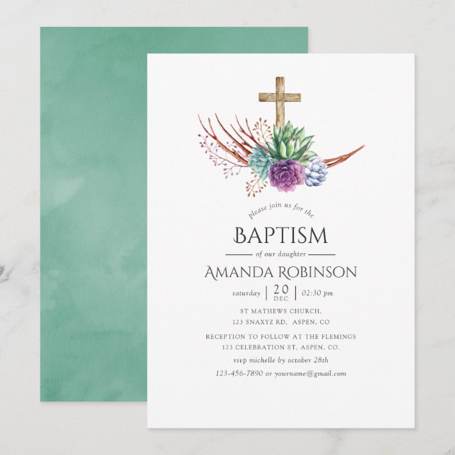 Invitación Desierto de acuarela bautizo o cristianismo sucule (Anverso / Reverso)