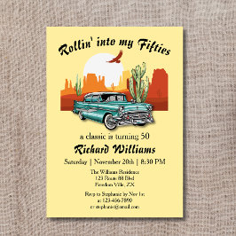 Invitación Desierto de auto azul retro para hombres 50 cumple