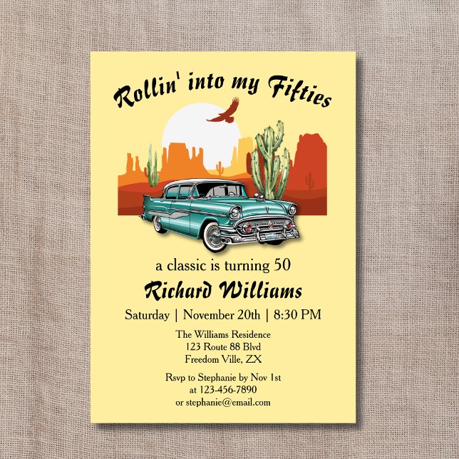 Invitación Desierto de auto azul retro para hombres 50 cumple (Subido por el creador)