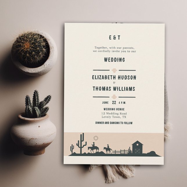 Invitación Desierto de Barn Cactus, Boda de Vaquero Rústico V (rustic vintage cowboy wedding invitation horse riding cactus desert illustration barn backyard chic)